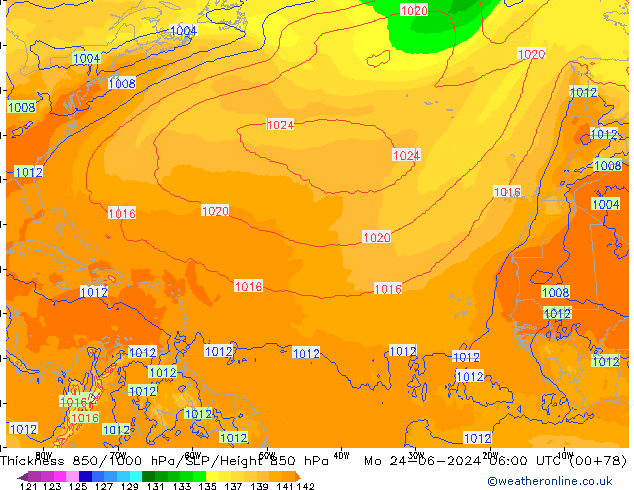 850-1000 hPa Kalınlığı ECMWF Pzt 24.06.2024 06 UTC