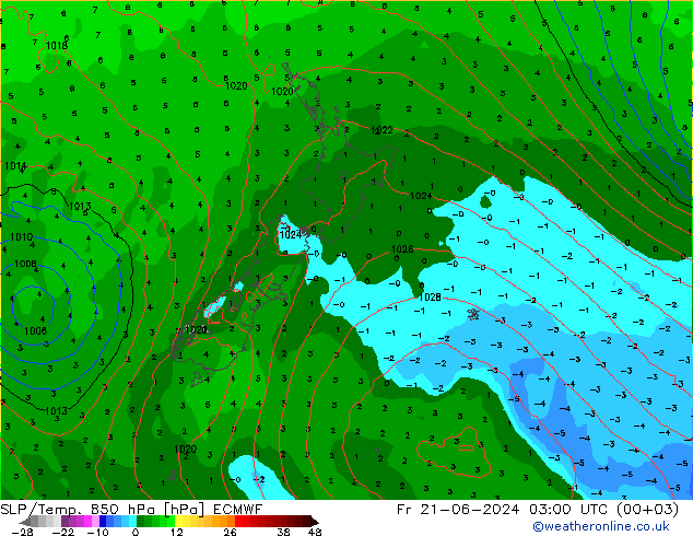 SLP/Temp. 850 hPa ECMWF Fr 21.06.2024 03 UTC