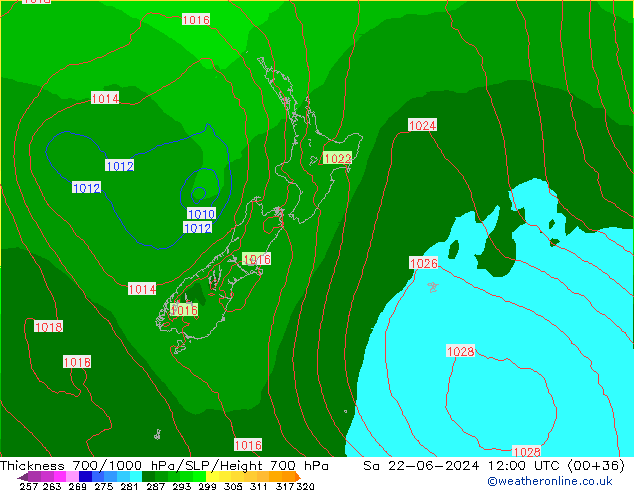 Espesor 700-1000 hPa ECMWF sáb 22.06.2024 12 UTC