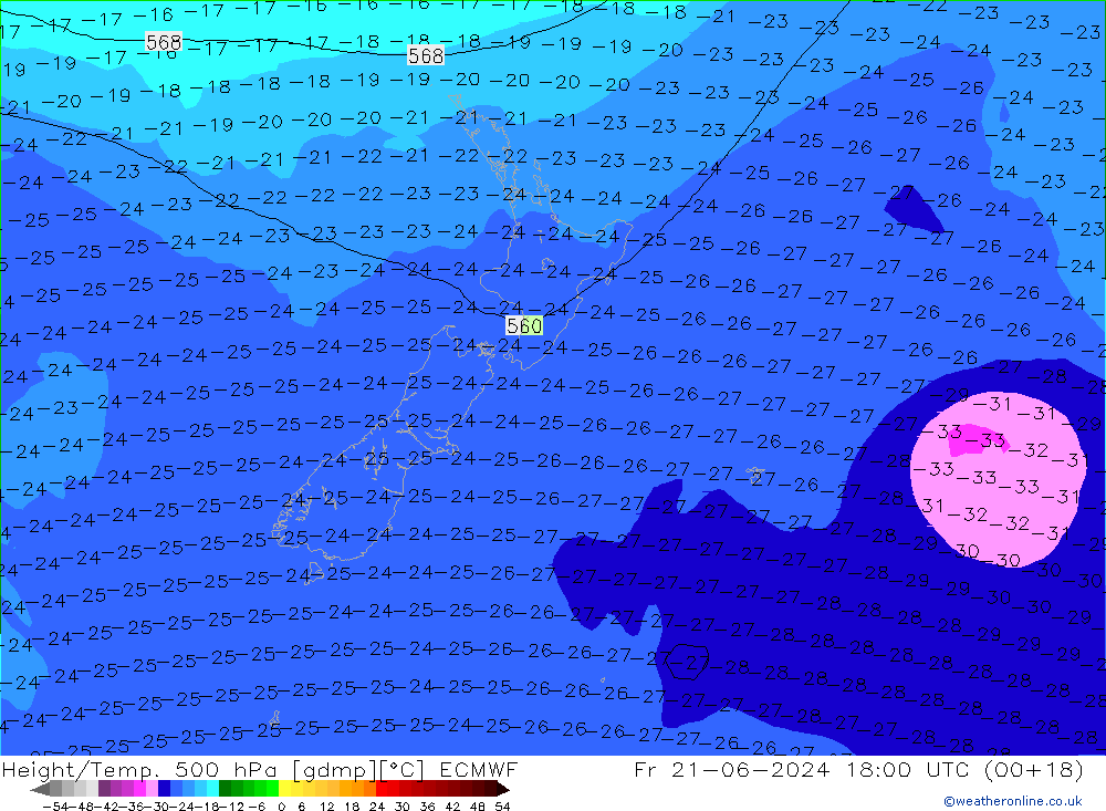 Height/Temp. 500 hPa ECMWF Fr 21.06.2024 18 UTC