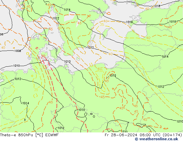 Theta-e 850hPa ECMWF Pá 28.06.2024 06 UTC