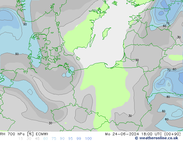 RH 700 hPa ECMWF Seg 24.06.2024 18 UTC