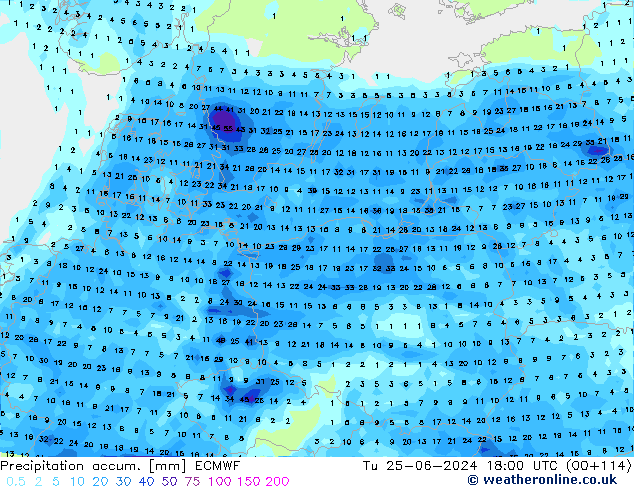 Precipitation accum. ECMWF Tu 25.06.2024 18 UTC