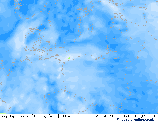 Deep layer shear (0-1km) ECMWF vie 21.06.2024 18 UTC