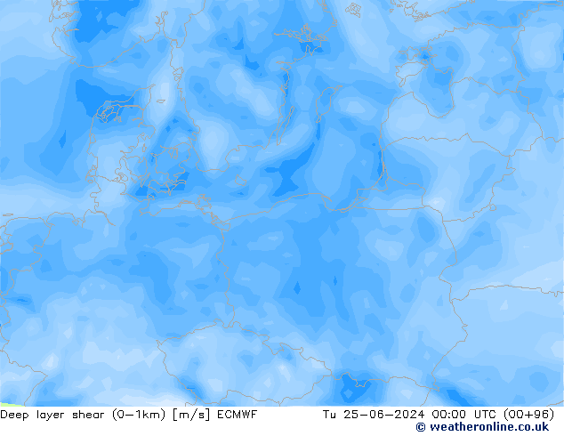 Deep layer shear (0-1km) ECMWF Tu 25.06.2024 00 UTC