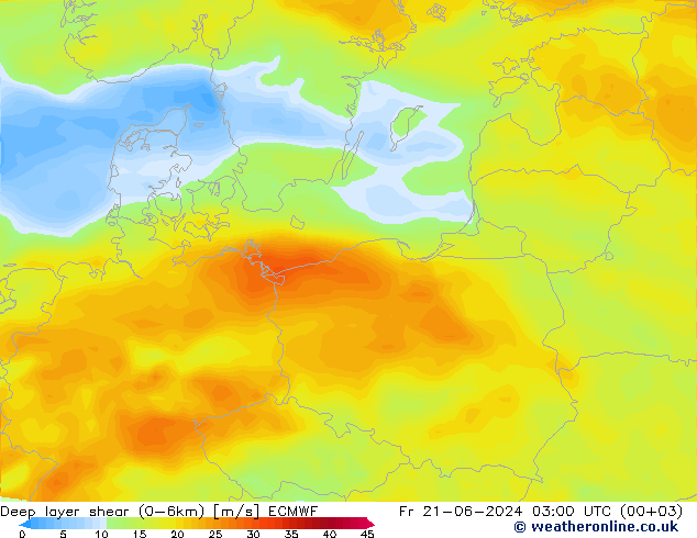 Deep layer shear (0-6km) ECMWF  21.06.2024 03 UTC