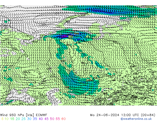 Wind 950 hPa ECMWF Mo 24.06.2024 12 UTC