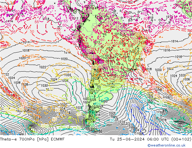 Theta-e 700hPa ECMWF wto. 25.06.2024 06 UTC