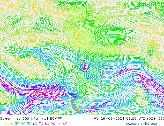 Linia prądu 500 hPa ECMWF śro. 26.06.2024 06 UTC
