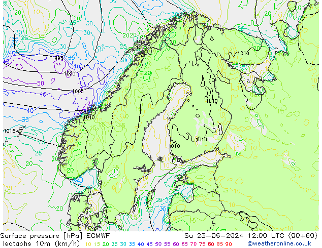 Isotachs (kph) ECMWF dom 23.06.2024 12 UTC