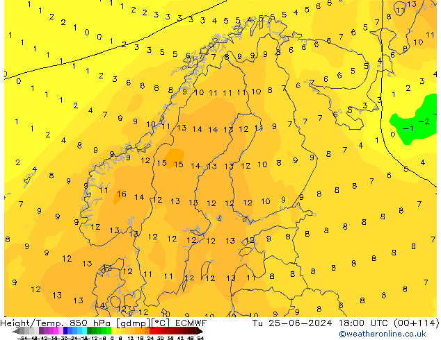 Height/Temp. 850 гПа ECMWF вт 25.06.2024 18 UTC