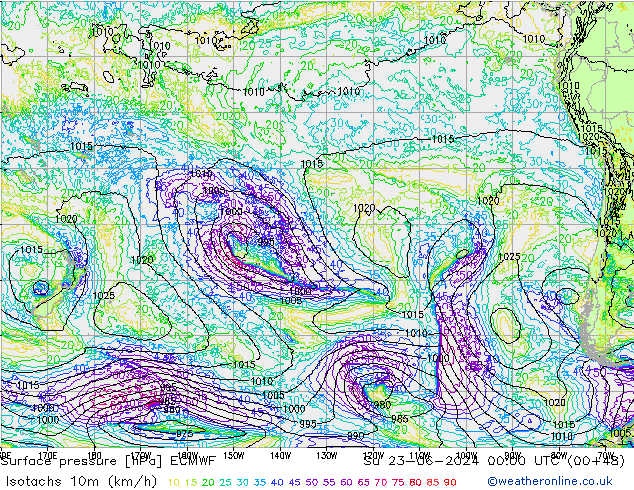 Izotacha (km/godz) ECMWF nie. 23.06.2024 00 UTC