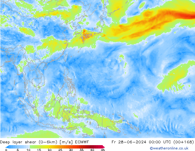 Deep layer shear (0-6km) ECMWF Fr 28.06.2024 00 UTC