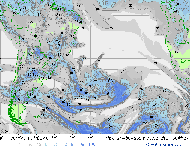 Humidité rel. 700 hPa ECMWF lun 24.06.2024 00 UTC