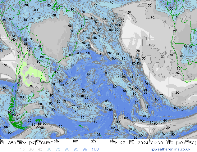 RH 850 hPa ECMWF Th 27.06.2024 06 UTC