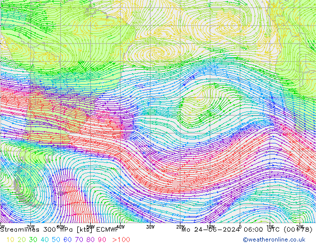 Streamlines 300 hPa ECMWF Mo 24.06.2024 06 UTC