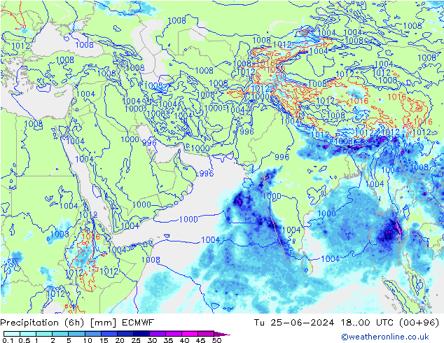 降水量 (6h) ECMWF 星期二 25.06.2024 00 UTC