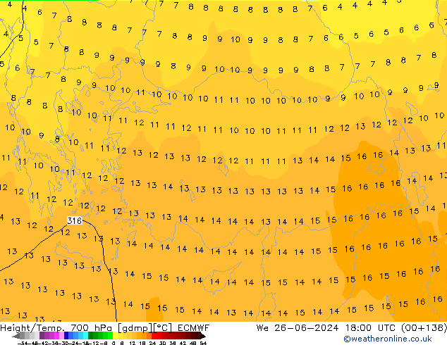 Height/Temp. 700 hPa ECMWF śro. 26.06.2024 18 UTC