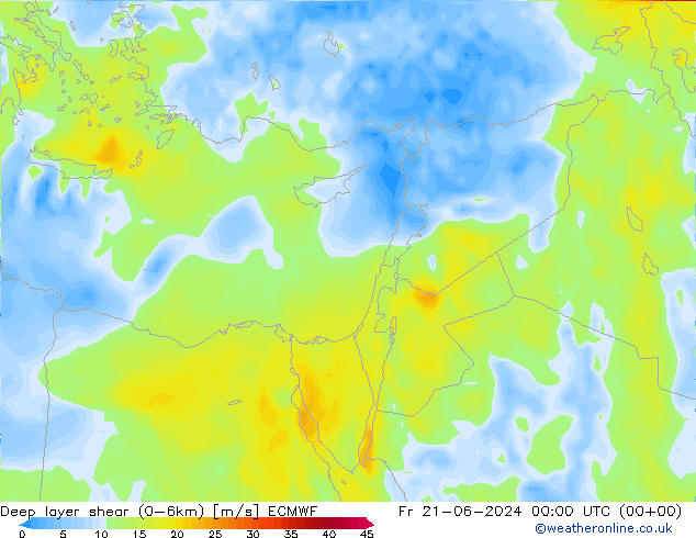 Deep layer shear (0-6km) ECMWF Sex 21.06.2024 00 UTC