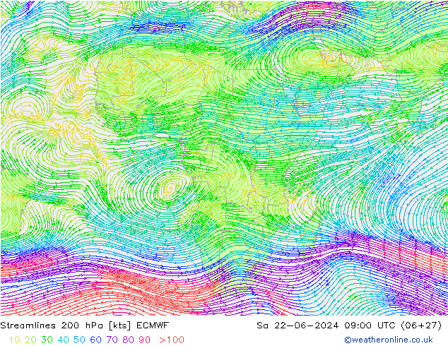 Linia prądu 200 hPa ECMWF so. 22.06.2024 09 UTC