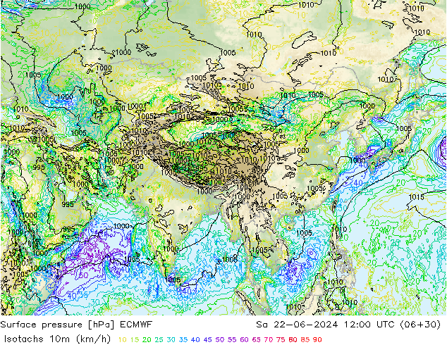 Isotachs (kph) ECMWF Sa 22.06.2024 12 UTC