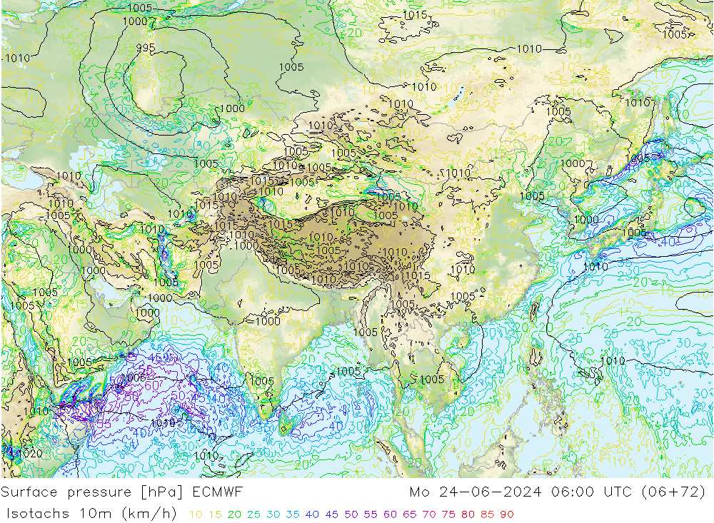 Eşrüzgar Hızları (km/sa) ECMWF Pzt 24.06.2024 06 UTC