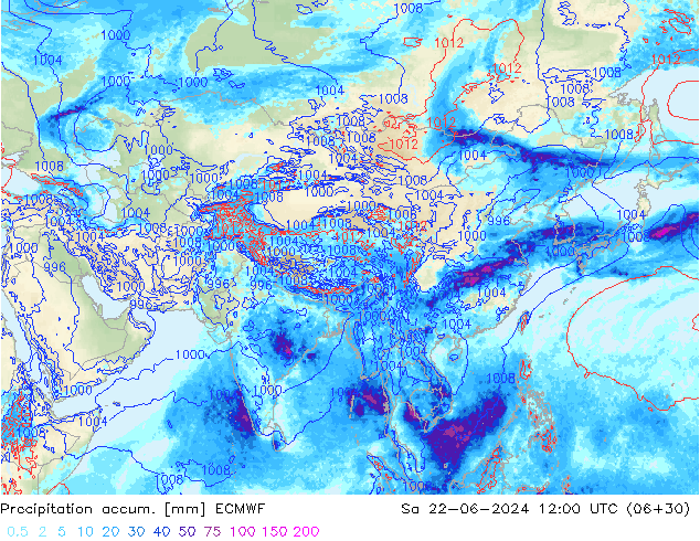 Precipitation accum. ECMWF Sa 22.06.2024 12 UTC