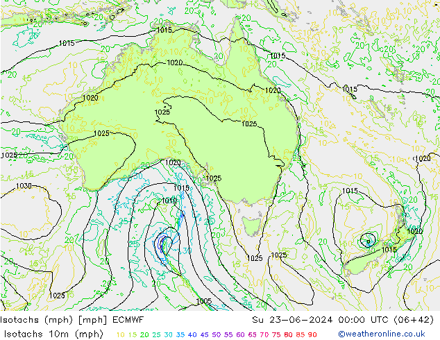 Isotachs (mph) ECMWF  23.06.2024 00 UTC