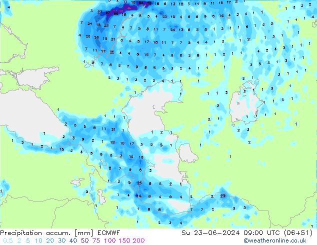 Totale neerslag ECMWF zo 23.06.2024 09 UTC