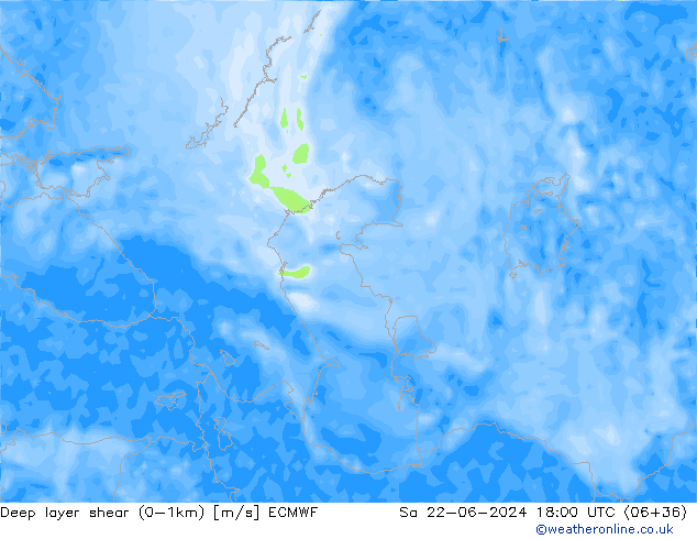 Deep layer shear (0-1km) ECMWF сб 22.06.2024 18 UTC