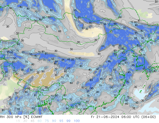 RH 300 hPa ECMWF Pá 21.06.2024 06 UTC