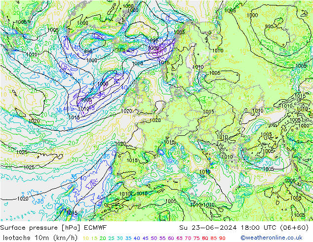 Isotachs (kph) ECMWF Su 23.06.2024 18 UTC