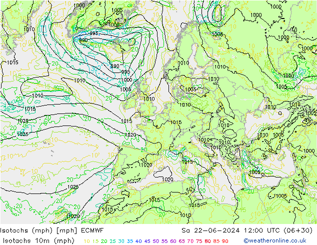 Isotachs (mph) ECMWF Sa 22.06.2024 12 UTC