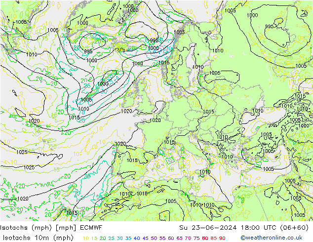 Isotachs (mph) ECMWF  23.06.2024 18 UTC