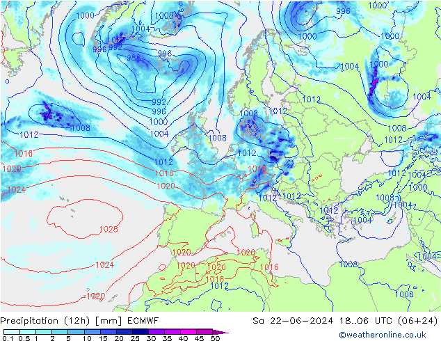 Precipitation (12h) ECMWF Sa 22.06.2024 06 UTC