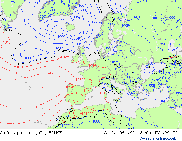 Presión superficial ECMWF sáb 22.06.2024 21 UTC