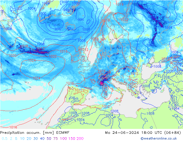 Precipitation accum. ECMWF Seg 24.06.2024 18 UTC