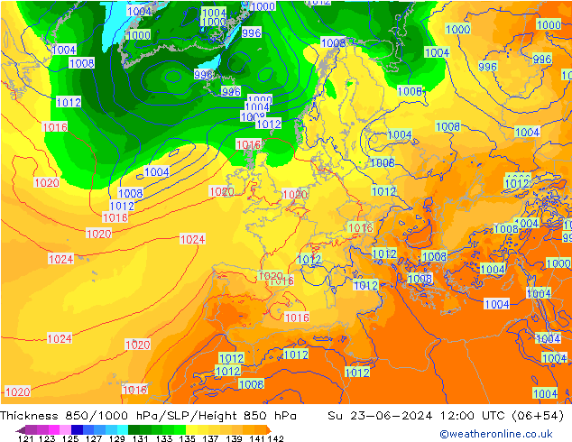 Thck 850-1000 hPa ECMWF Su 23.06.2024 12 UTC