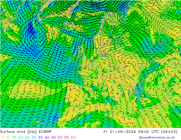 Surface wind ECMWF Fr 21.06.2024 09 UTC