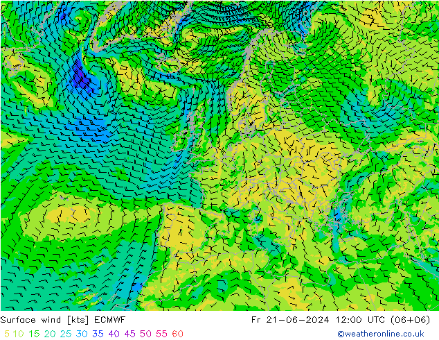 Viento 10 m ECMWF vie 21.06.2024 12 UTC