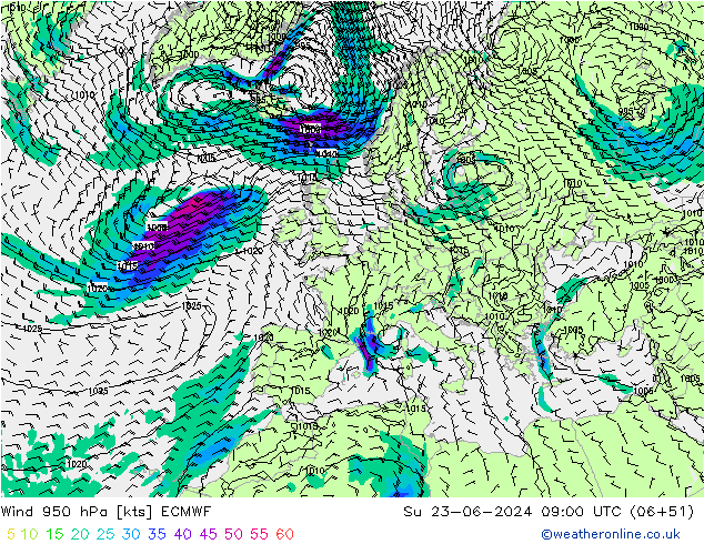 Wind 950 hPa ECMWF Su 23.06.2024 09 UTC