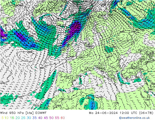 Wind 950 hPa ECMWF ma 24.06.2024 12 UTC