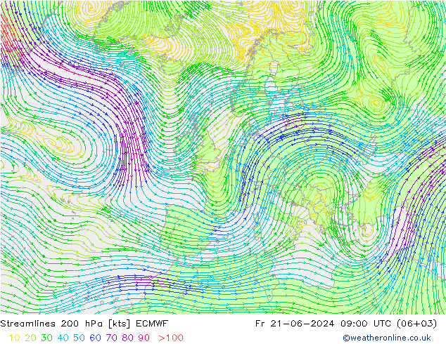 风 200 hPa ECMWF 星期五 21.06.2024 09 UTC