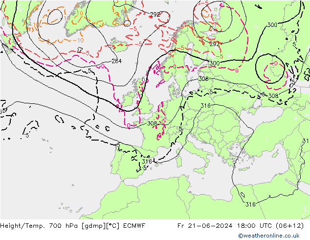 Height/Temp. 700 hPa ECMWF 星期五 21.06.2024 18 UTC