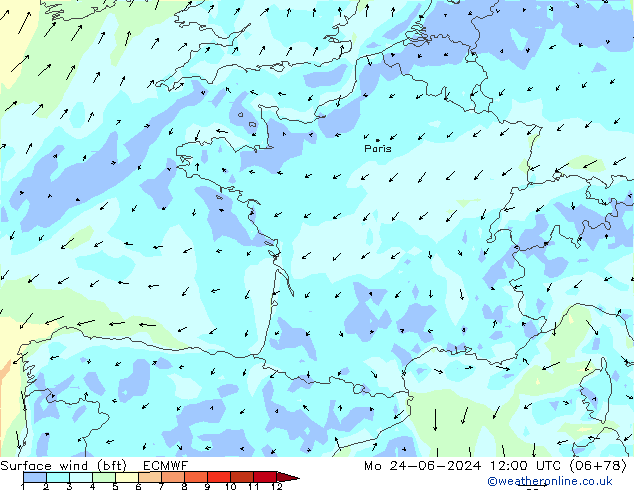 Surface wind (bft) ECMWF Mo 24.06.2024 12 UTC