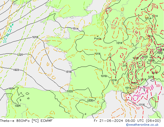 Theta-e 850hPa ECMWF Cu 21.06.2024 06 UTC