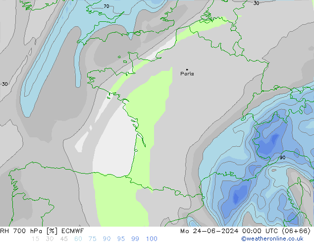 Humedad rel. 700hPa ECMWF lun 24.06.2024 00 UTC
