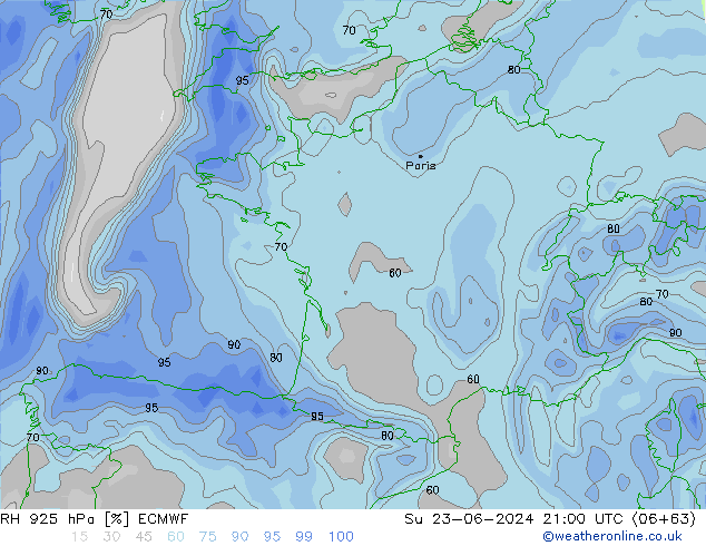 Humidité rel. 925 hPa ECMWF dim 23.06.2024 21 UTC