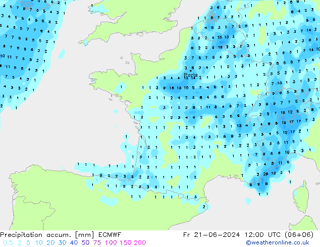 Precipitation accum. ECMWF Fr 21.06.2024 12 UTC