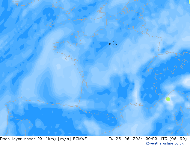 Deep layer shear (0-1km) ECMWF di 25.06.2024 00 UTC